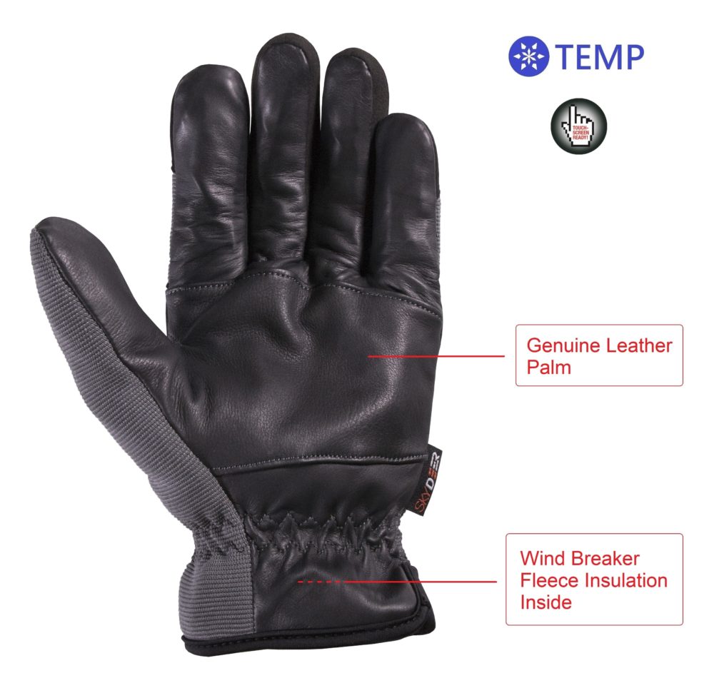 SD2240T/XL SKYDEER Hi-Performance Water Resistance Touch Screen Winter Work Gloves with Durable Genuine Leather and Warm Fleece Insulation 